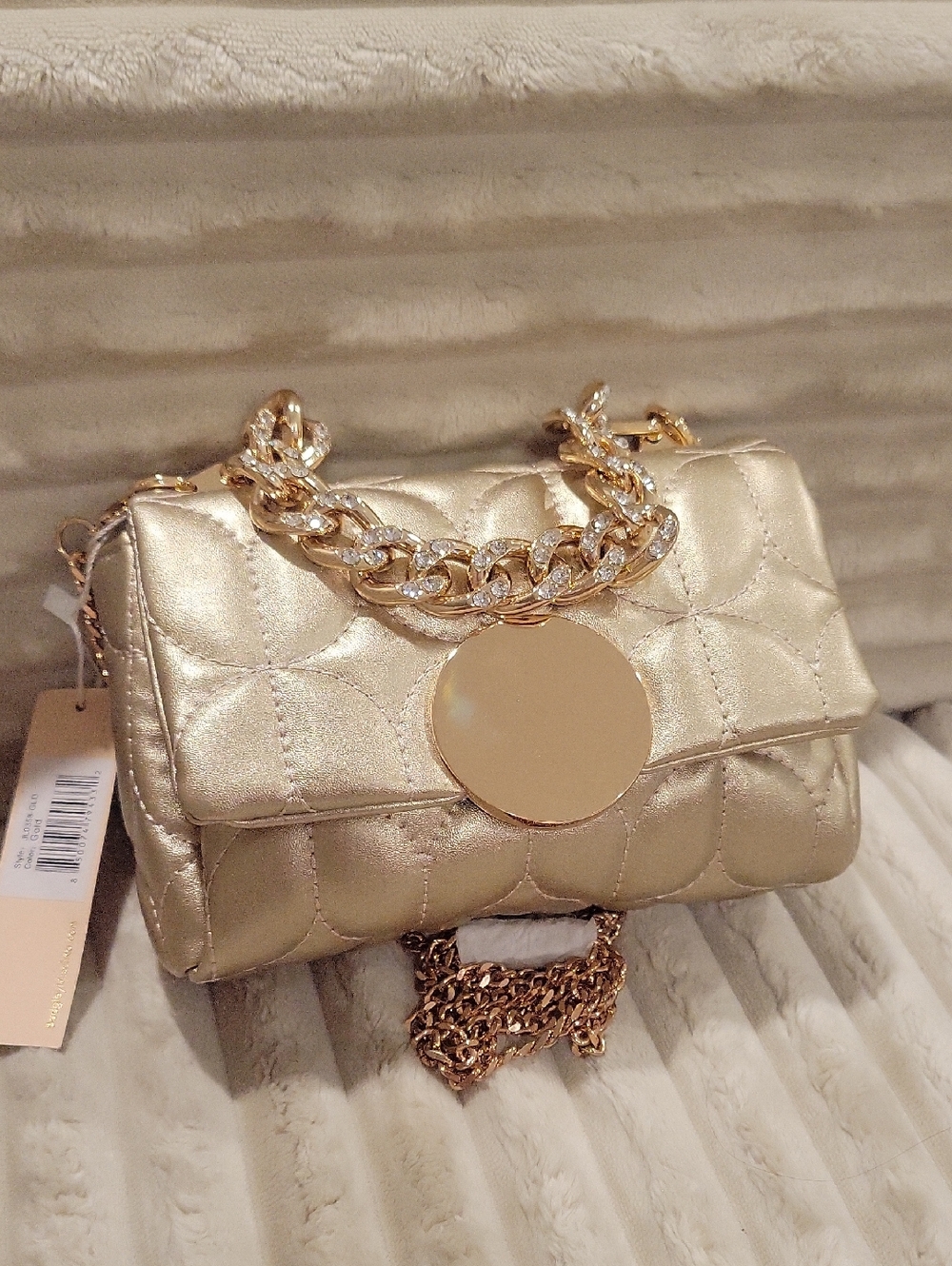Jewel Badgley Mischka Shimmery Gold Quilted Crossbody with Round Plate